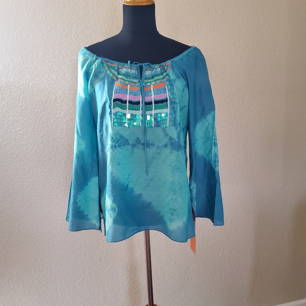 Hale Bob Cabana Silk Embroidered Beaded Tie Dye Peasant Top S Blue New - Picture 3 of 11